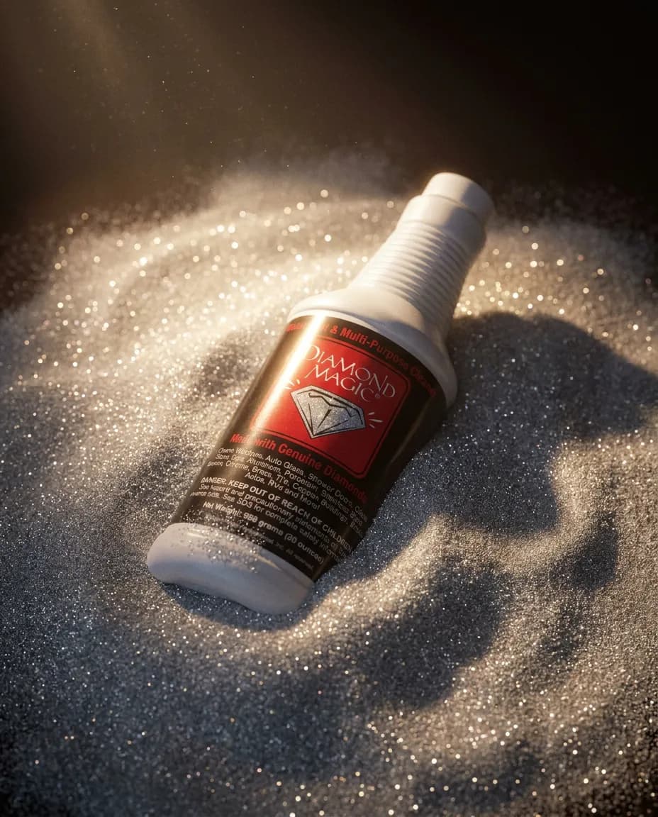 Diamond Magic bottle resting in a bed of fine diamond dust, illuminated by warm cinematic lighting